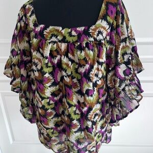 Terra & Sky Plus Abstract Ruffle Sleeve 2X Blouse Matching Stretch Jean 3X Women